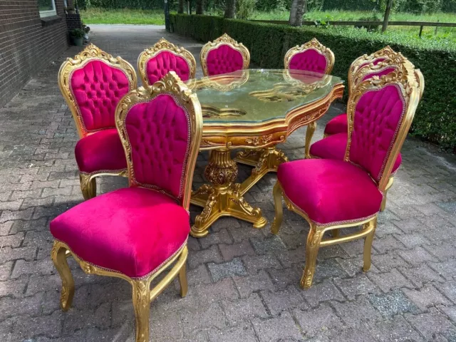 1990's French Louis XVI Dining Set in Gold With Rose Velvet-7 pcs 2
