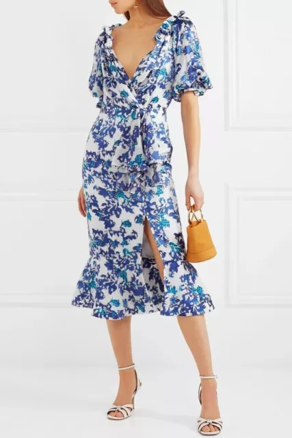 Saloni £595 Silk Crepe Olivia Dress Blue White XS S 6 Net a Porter