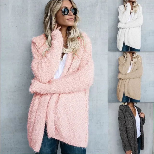 UK Womens Teddy Bear Coat Cardigan Ladies Fleece Fur Hooded Fluffy Jacket Tops