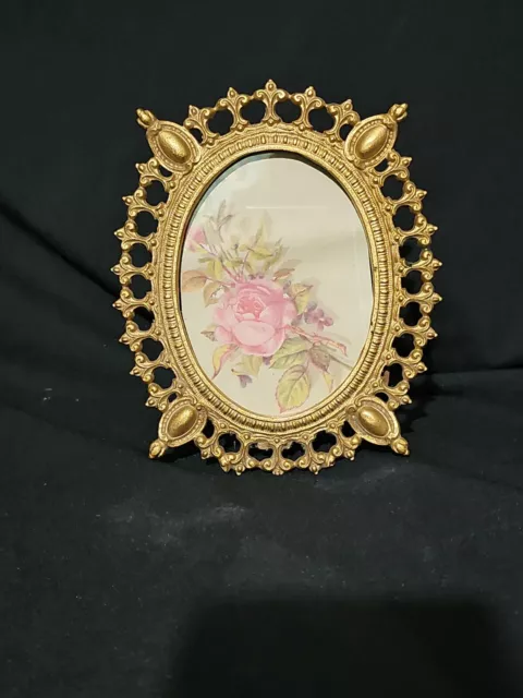 Antique Oval Rococo Style Brass Easel Picture Frame w Original Glass Gold Gilded