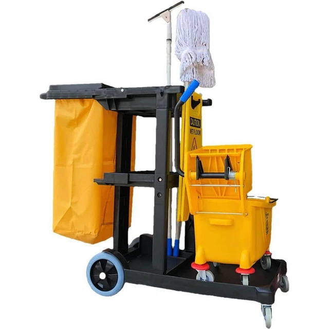 THE CLEAN STORE Janitorial Cart Heavy-Duty Polyethylene Material Yellow Grey