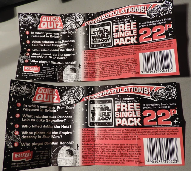 STAR WARS TRILOGY Walkers crisps leaflet x TWO Quick Quiz / Free Pack