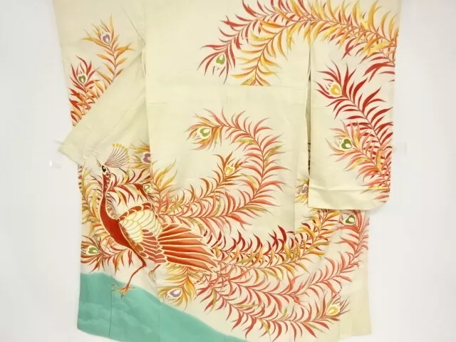 82333# Japanese Kimono / Antique Furisode / Embroidery / Peacock