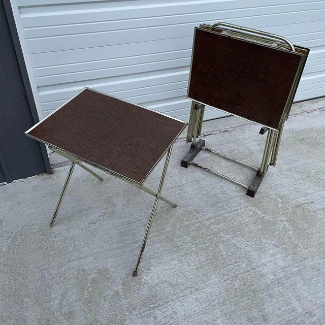 4 VTG Faux Wood Look Folding TV Trays Stand Brass Metal Edging MCM Mid Century 4 VTG Faux Wood Look Folding TV Trays Stand Brass Metal Edging MCM Mid Century