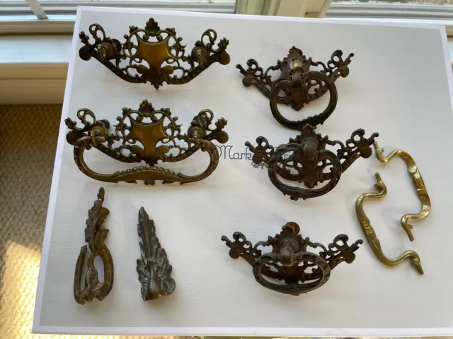 Lot Of 9 Antique Victorian Very Ornate Hardware Drawer Pulls Ect