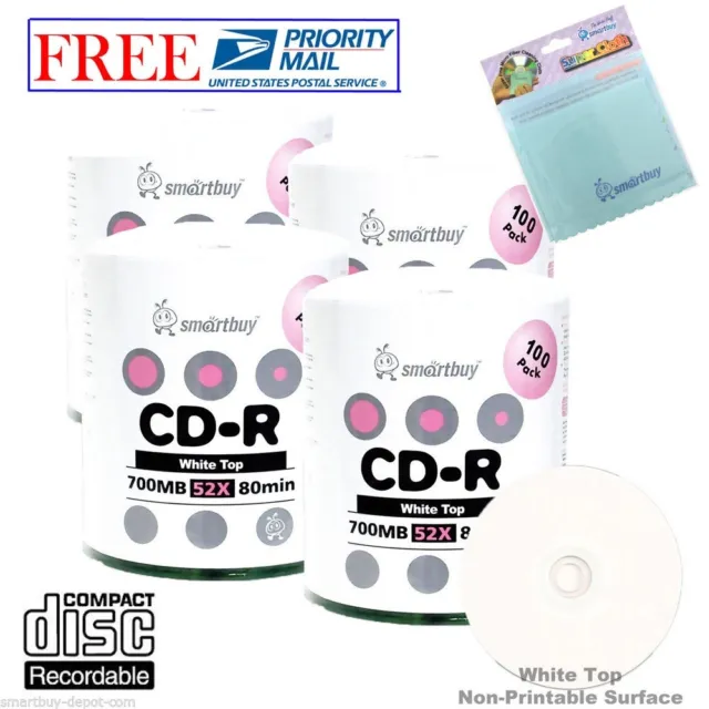400 Smartbuy 52X CD-R 700MB White Top Recordable Disc + FREE Micro Fiber Cloth