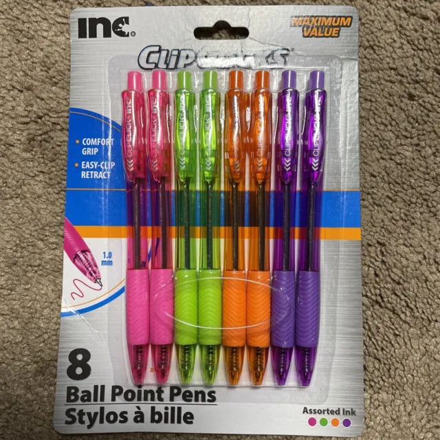Inc Clip Clicks Neon 8pk Ball Point Pens Colored Ink 1.0mm Comfort Grip 4  Colors