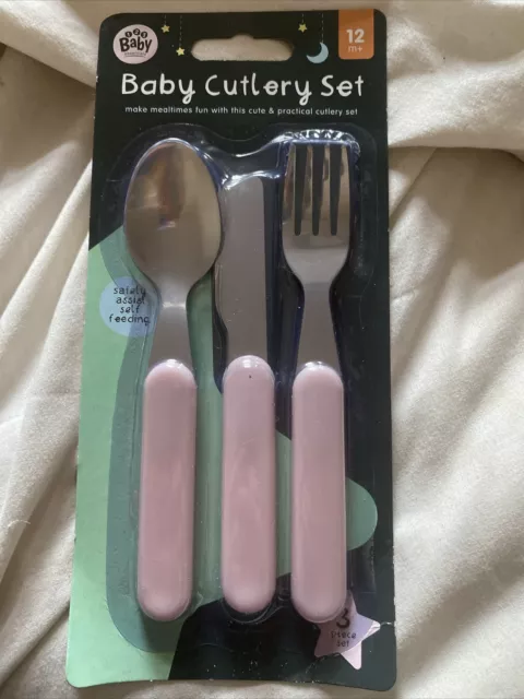 3pc Baby Cutlery Set Knife Fork Spoon Toddler Feeding Pink 12m+