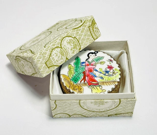 Vtg Chinese Porcelain Shard Silver Metal Trinket Box with Mirror Woman In Garden