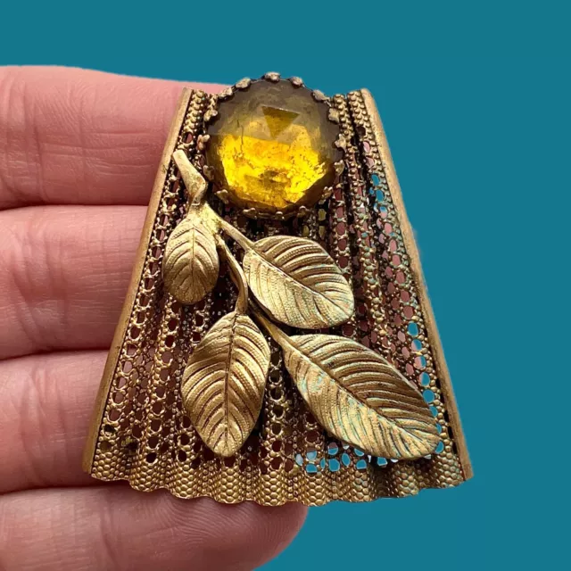 Fabulous Large French Art Deco Gold Tone Mesh Leaves & Topaz Fur Scarf Clip