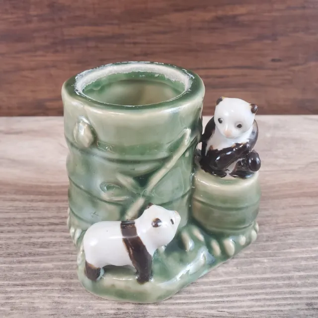 Vintage Panda Bears with Bamboo Ceramic Planter Vase Handmade bottom is numbered