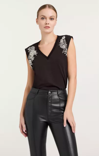 NEW Cinq a Sept Bella Crystal-Embellished T-Shirt in black Size M #T2322 2