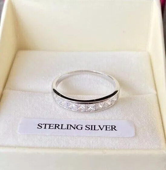 Genuine 925 Sterling Silver Diamond-Unique Half Eternity Ring Sizes L - Q Boxed