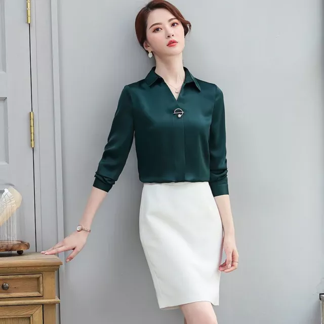 Spring Women Slim Chiffon Shirt Lapel Longsleeve Solid Color Professional Blouse