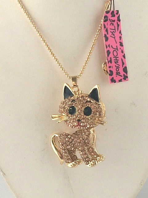 Betsey Johnson Gold Crystal Rhinestone Cat Gold Plated Pendant Necklace
