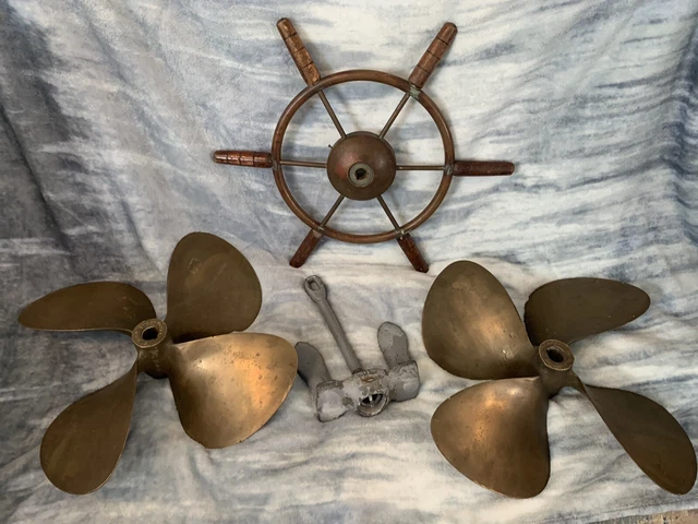 Antique Brass Propellers ,Steering Wheel and Anchor