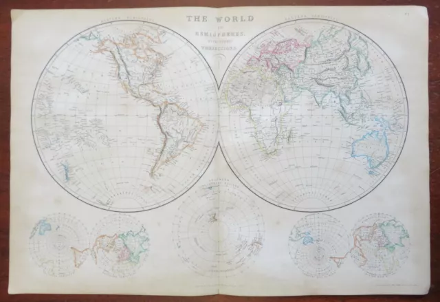 World Map in Double Hemispheres poles 1860 Weller large color map