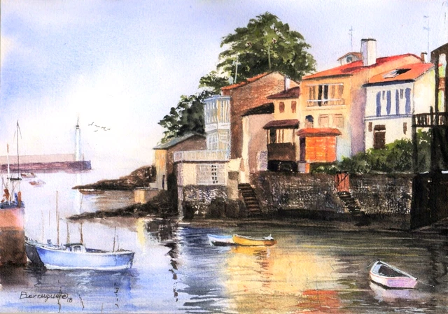 ACUARELA ORIGINAL de BERRUGUETE “Redes, Ares” (A Coruña) Watercolour, aquarelle