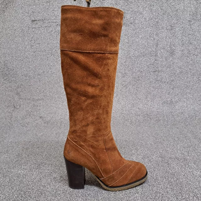 Bronx Long Boots Tan Brown Suede 38 UK 5 Leather 3.5" Block Heel Gum