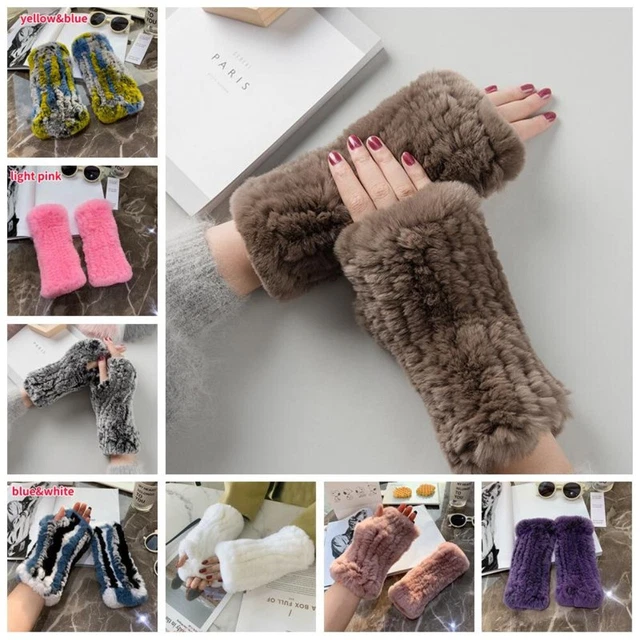 Gants Femme En Véritable Fourrure De Lapin - Mitaines Tricotées élastique - Style Demi Rétro