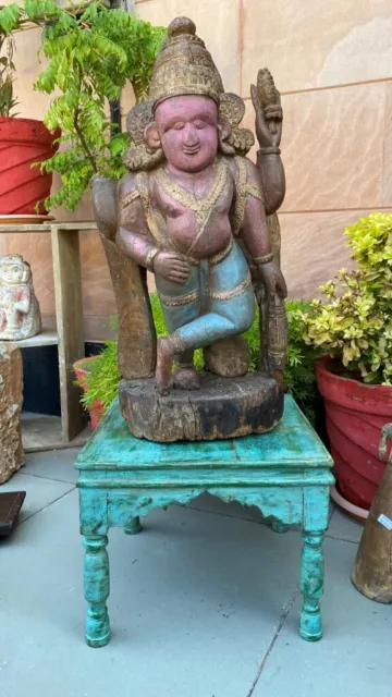 1700'S Ancient Old Wooden Hand Carved Painted Hindu God Vishnu Rare Figurine
