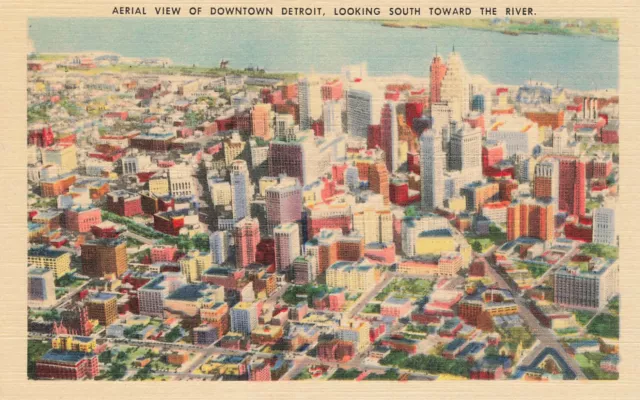 AERIAL AIRPLANE VIEW OF DOWNTOWN POSTCARD DETROIT MI MICHIGAN 1930s