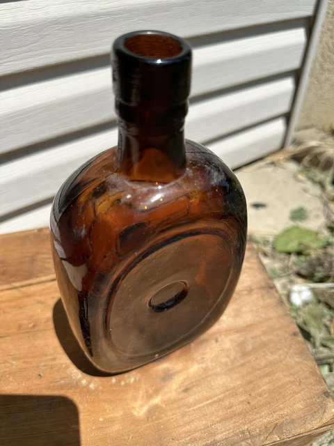 Antique Vintage Brown Dark Amber  Glass Bottle Interesting Mold vg 9”