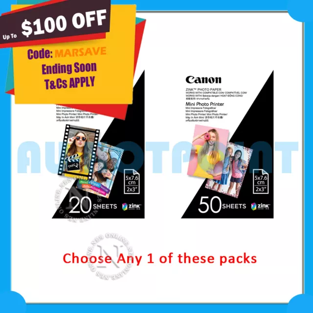 Genuine Canon Zink Mini Photo Printer Paper 2"x3" 20/50 Sheets Pack [MPPP20/50]