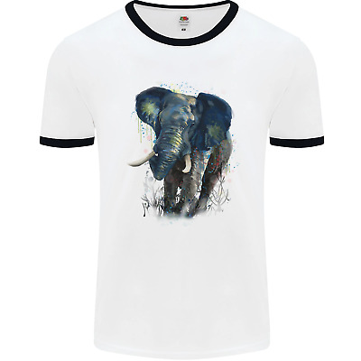 A Big Elephant Watercolour Mens White Ringer T-Shirt
