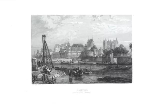 View of the CASTLE & the Cathedral of NANTES from the quays of the NANTES in the 19th century