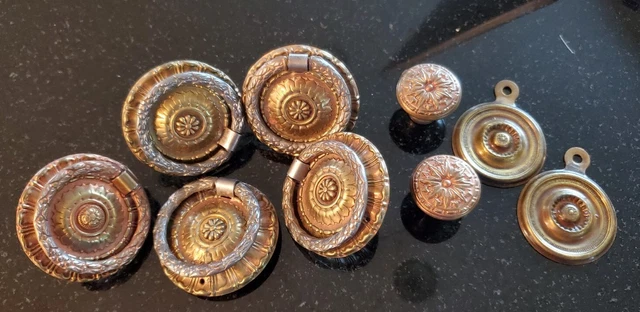 Vtg Lot 5 Floral 2" Medallion Round Drop Bail Drawer Pulls + 2 round knobs, etc
