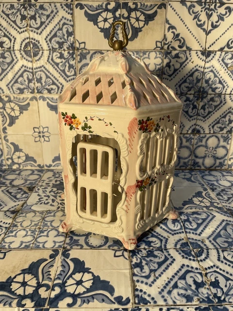Vintage Italian Ceramic Decorative Pink Floral Bird Cage w/ Door Rare Italy VTG