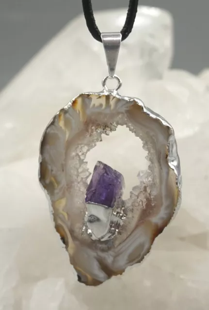 ACHAT GEODE DRUSE großer Anhänger mit AMETHYST galvanisiert mit Öse c2