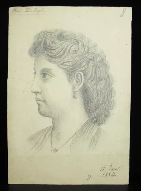 Retrato a Lápiz de Martie Duborgel con Fecha 1884 Firmado II Jaun 21CM Por 14 CM