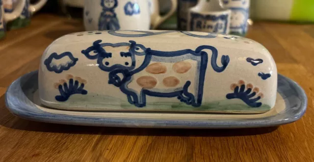 M A Hadley Butter Dish With Lid in the Cow Design Handmade Hand Painted Retired