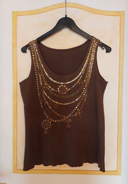 Haut Gilet Mexx Femme XXL – Marron, Perles, Coton Extensible, Neuf Sans étiquette