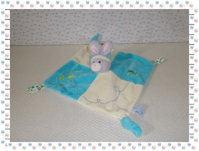 ❦ - Doudou Semi Plat Lapin Bleu Jaune Gris Pommes Etiquettes Gipsy