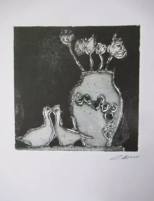 Etching IAN LAURIE Floral Still Life Doves Pencil Signed