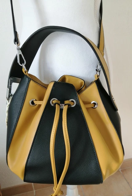 SAC NEUF BICOLORE jaune moutarde et noir forme bourse port mains