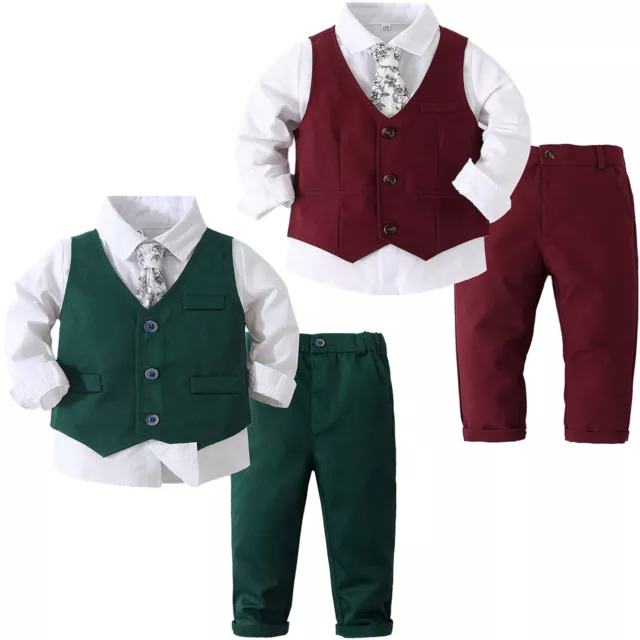 Baby Boys 4Pcs Formal Gentleman Suit Tuxedo Shirt Vest Pants Bow Tie Outfits