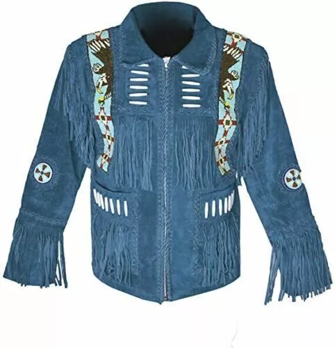 Men Blue Suede Western Cowboy Leather Jacket With Fringes & Eagle Bread Work