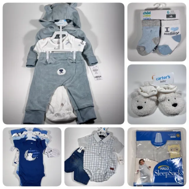 NWT 6 Item Bundle Baby Boy 0-3 3-6 Months Carter’s 2,3,4 Pc Set Sleep Sack Socks