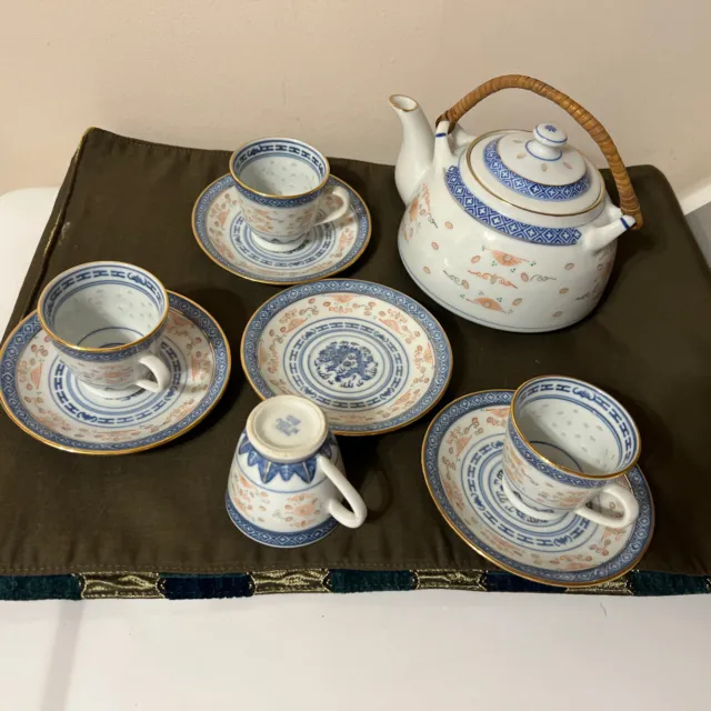 Chinese Export Rice Grain Porcelain Tea Set Pot Cups Saucers