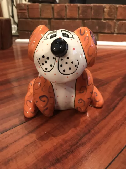 GANZ PATI  Dog Piggy Bank - Orange/White w/Polka Dots & Purple Swirls Signed