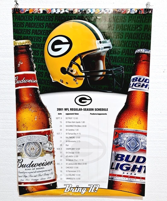 Vintage Budweiser Bud Light Green Bay Packers 27"X19" 2001 Nfl Schedule Poster!