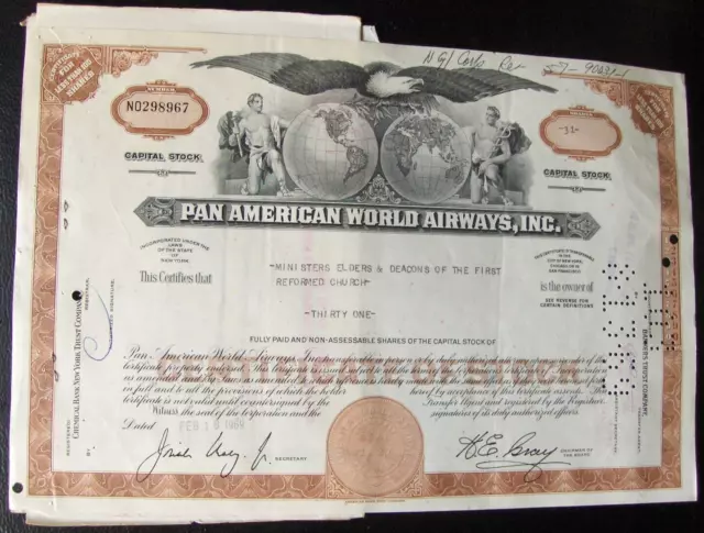 Pan American World Airways stock certificate Payee 1st Reformed Church + Certifi