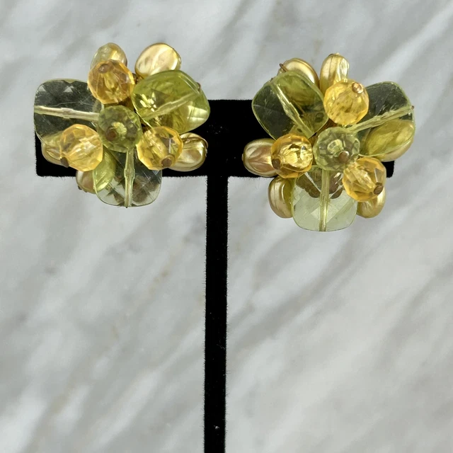 VTG W. GERMANY Faux Pearl Translucent Green Bead Cluster Clip-On Earrings AS IS