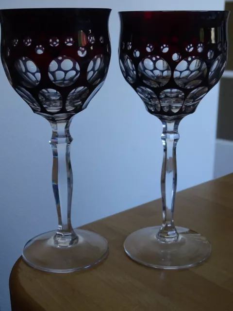 2 ANCIENS VERRES A VIN DU RHIN ROEMER CRISTAL DOUBLER COLORER ROUGE RUBIS ht 19