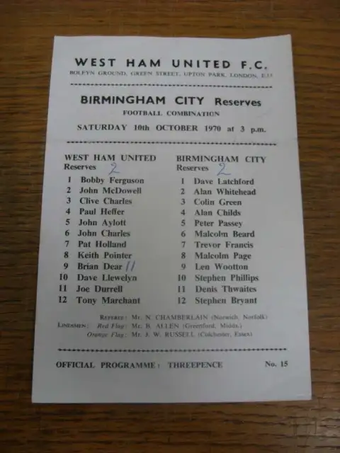 10/10/1970 West Ham United Reserves v Birmingham City Reserves  (single sheet, f