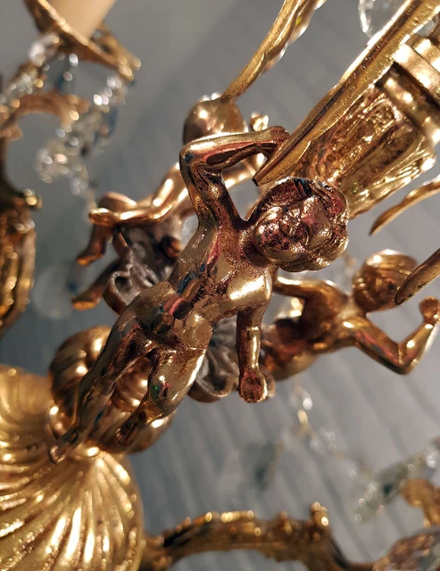 Antik Vintage 6 Arme Gussmessing & Kristalle Cherub Kronleuchter Beleuchtung Lampe